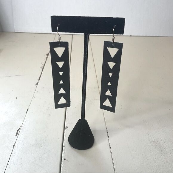 LEATHER Earrings Handmade Rectangle Black Triangle Cutouts - Picture 1 of 4